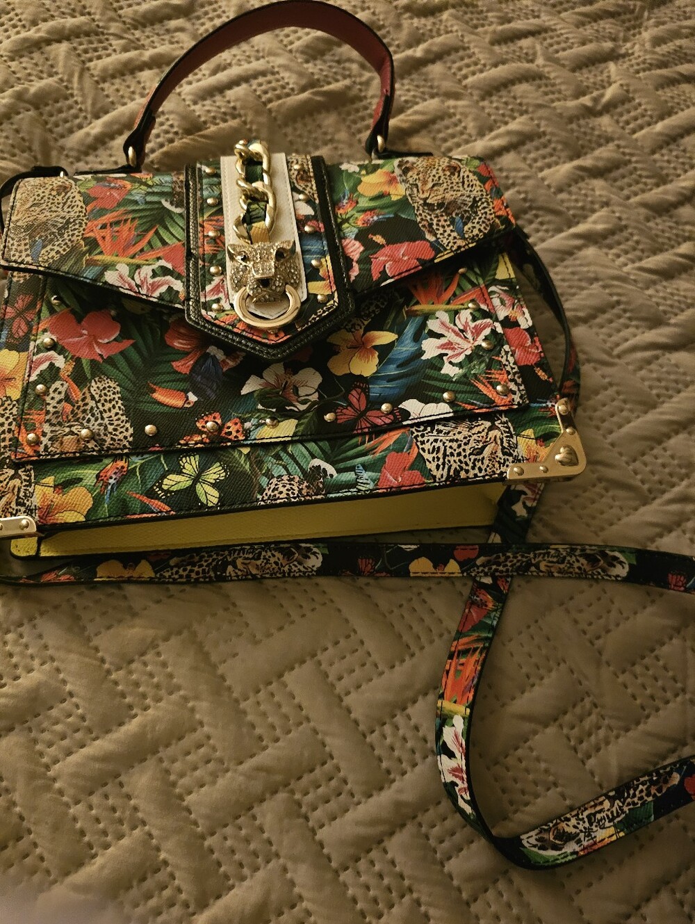 Aldo Floral Leopard Tropical Print Structured Satchel - Green Multi - Picture 3 of 3